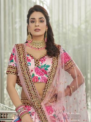 light pink zari and sequins embroidered floral art silk lehenga set choli with dupatta with dupatta 6
