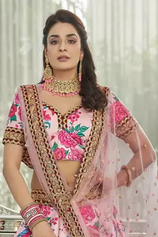 light pink zari and sequins embroidered floral art silk lehenga set choli with dupatta with dupatta