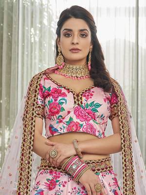 light pink zari and sequins embroidered floral art silk lehenga set choli with dupatta with dupatta 8