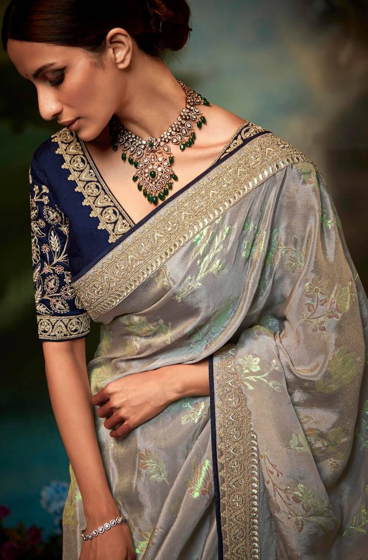Grey woven fancy fabric saree with blouse