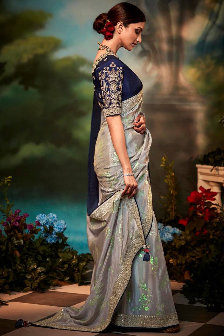 Grey woven fancy fabric saree with blouse