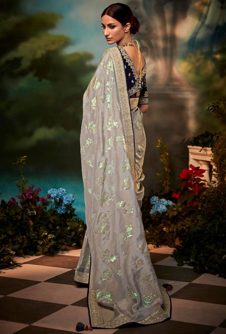 Grey woven fancy fabric saree with blouse