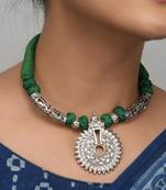 German Oxidised Silver Flower Motif Green Thread Necklace