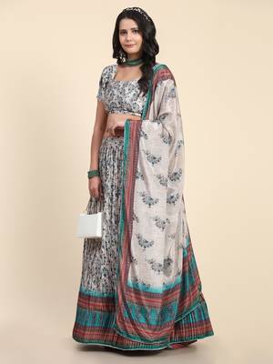 Light-grey digital print satin semi stitched lehenga 1