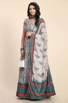 Light-grey digital print satin semi stitched lehenga