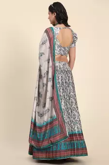Light-grey digital print satin semi stitched lehenga