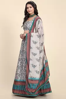 Light-grey digital print satin semi stitched lehenga