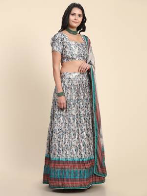 Light-grey digital print satin semi stitched lehenga 4