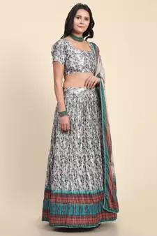 Light-grey digital print satin semi stitched lehenga