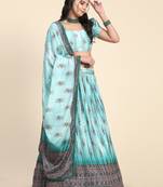 Sky-blue digital print satin semi stitched lehenga