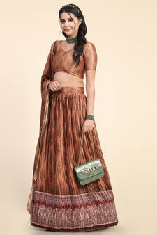 Light-orange digital print satin semi stitched lehenga