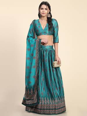 Light-turquoise digital print satin semi stitched lehenga 1