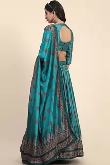 Light-turquoise digital print satin semi stitched lehenga