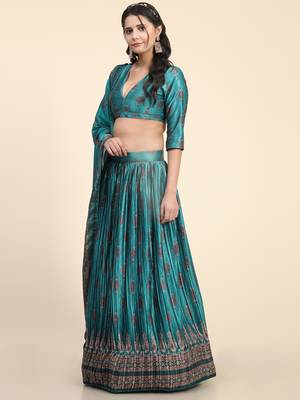 Light-turquoise digital print satin semi stitched lehenga 4