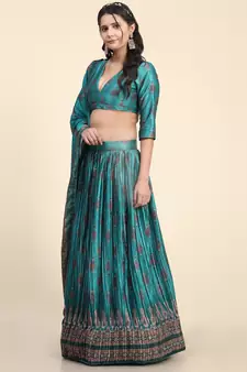 Light-turquoise digital print satin semi stitched lehenga