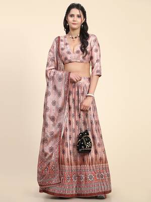 Light-peach digital print satin semi stitched lehenga 1