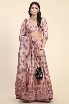 Light-peach digital print satin semi stitched lehenga