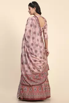 Light-peach digital print satin semi stitched lehenga