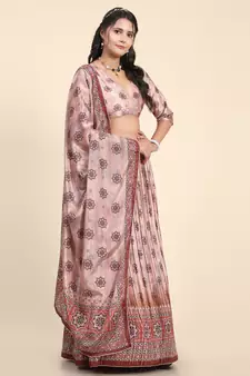 Light-peach digital print satin semi stitched lehenga