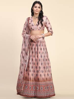 Light-peach digital print satin semi stitched lehenga 4