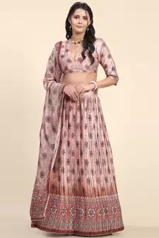 Light-peach digital print satin semi stitched lehenga