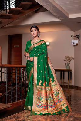 Dark green hand woven silk saree with blouse 1