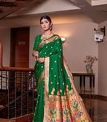 Dark green hand woven silk saree with blouse