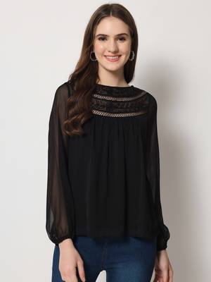 ARDITA Women Black Chiffon Embellished Top with Lace Detailing 1