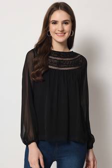 ARDITA Women Black Chiffon Embellished Top with Lace Detailing