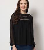 ARDITA Women Black Chiffon Embellished Top with Lace Detailing
