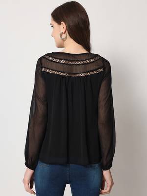 ARDITA Women Black Chiffon Embellished Top with Lace Detailing 2