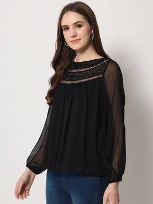 ARDITA Women Black Chiffon Embellished Top with Lace Detailing 3