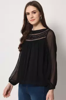 ARDITA Women Black Chiffon Embellished Top with Lace Detailing