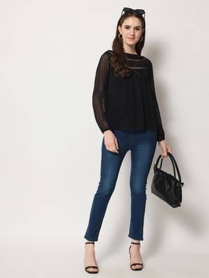ARDITA Women Black Chiffon Embellished Top with Lace Detailing 5