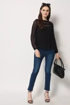 ARDITA Women Black Chiffon Embellished Top with Lace Detailing