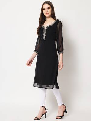 ARDITA Women Black Chiffon Zari Embroidered Kurti 3