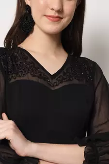 ARDITA Women Black Chiffon Cutdana Work Embellished Dress