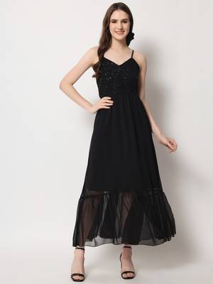 ARDITA Women Black Chiffon Embellished Open Back Dress 1