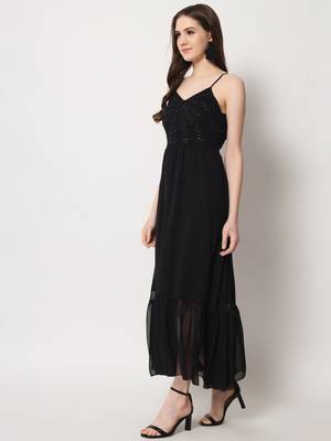 ARDITA Women Black Chiffon Embellished Open Back Dress 3