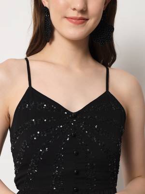 ARDITA Women Black Chiffon Embellished Open Back Dress 4