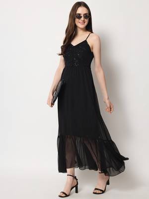 ARDITA Women Black Chiffon Embellished Open Back Dress 5