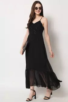 ARDITA Women Black Chiffon Embellished Open Back Dress