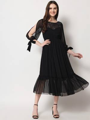 ARDITA Women Black Chiffon Designer Yoke Embellished Dress 1