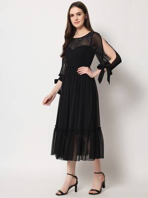 ARDITA Women Black Chiffon Designer Yoke Embellished Dress 3