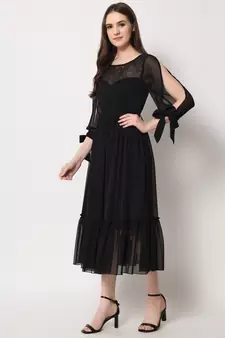 ARDITA Women Black Chiffon Designer Yoke Embellished Dress