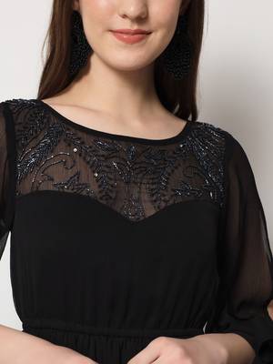 ARDITA Women Black Chiffon Designer Yoke Embellished Dress 4