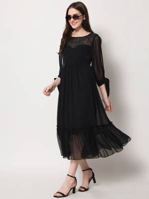 ARDITA Women Black Chiffon Designer Yoke Embellished Dress 5