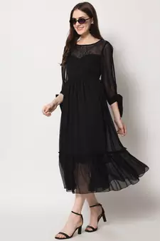 ARDITA Women Black Chiffon Designer Yoke Embellished Dress