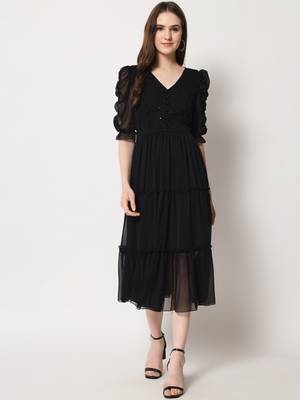 Women Black Chiffon Midi Dress 1