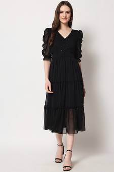 Women Black Chiffon Midi Dress